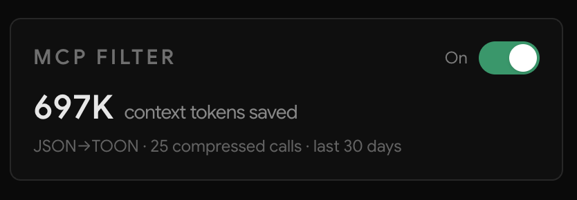 Boost MCP filter panel showing compressed calls and context tokens saved