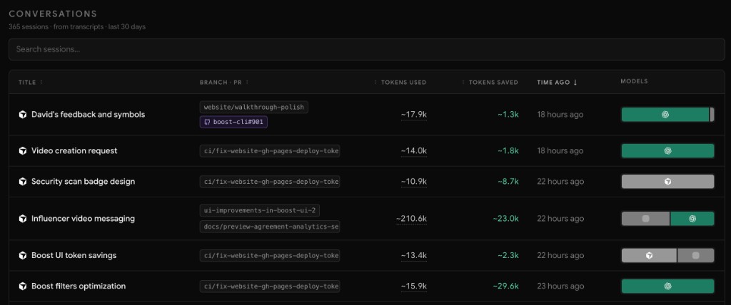Boost conversations list with session titles, branches, pull requests, token usage, savings, and models