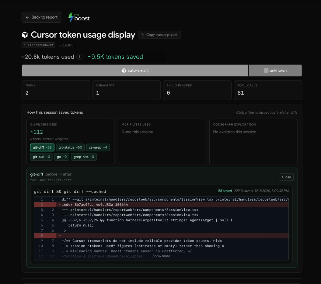 Boost session view with token usage, turns, subagents, tool calls, and filter savings