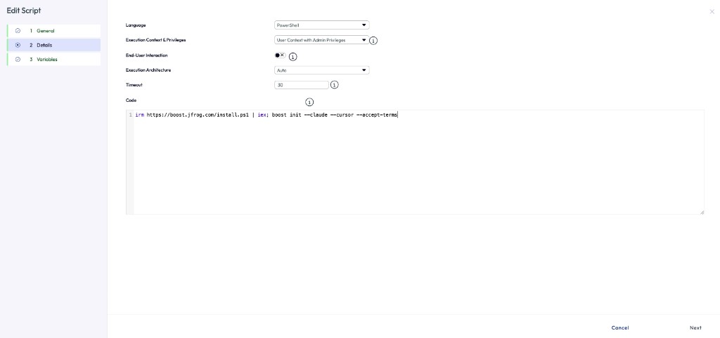 Workspace ONE Edit Script dialog showing Language PowerShell, User Context with Admin Privileges, Execution Architecture Auto, Timeout 30, and the Boost install one-liner in the Code field.